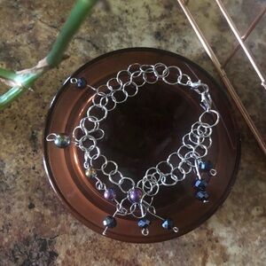Silver Chain Bracelet with Iridescent and Black Beads - Women Jewelry